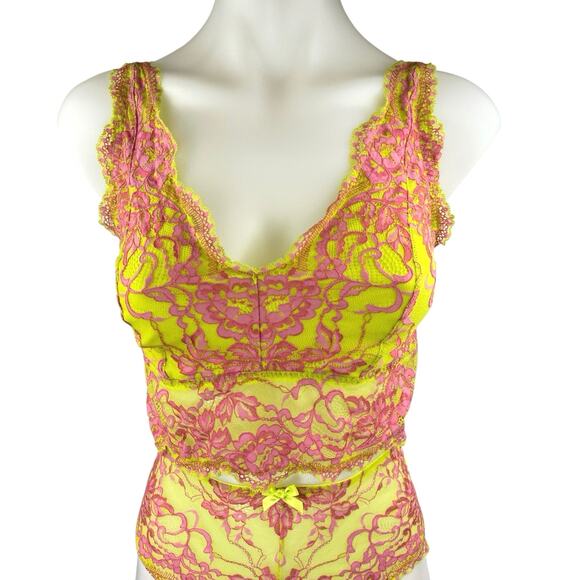 Savage x Fenty Yellow Pink Lace Brallete High Waist Bottom Lingerie 2 Pc Set 1XL - Picture 3 of 5